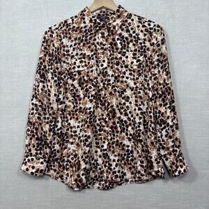 Investments Womens Floral Button Blouse Petite Small Stateement Artsy Bold Brown